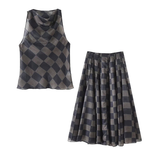 Women's 2025 new fashion sleeveless plaid hanging neck top+Skirts suit