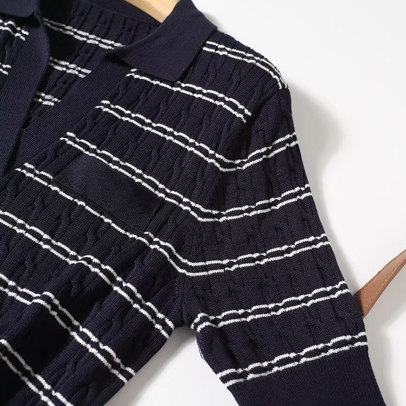 Women's New Fashion Casual Striped Mid Sleeve Knitted Top
