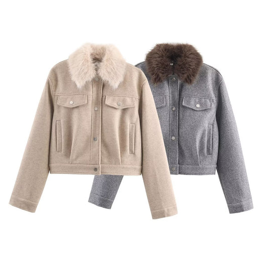 Women's fur collar design short woolen jacket Coat