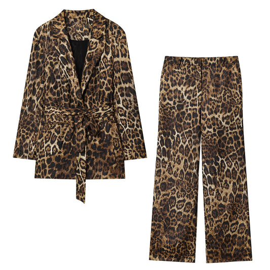 Women's new fashion with Belt loose printed striped suit jacket+Pants suit