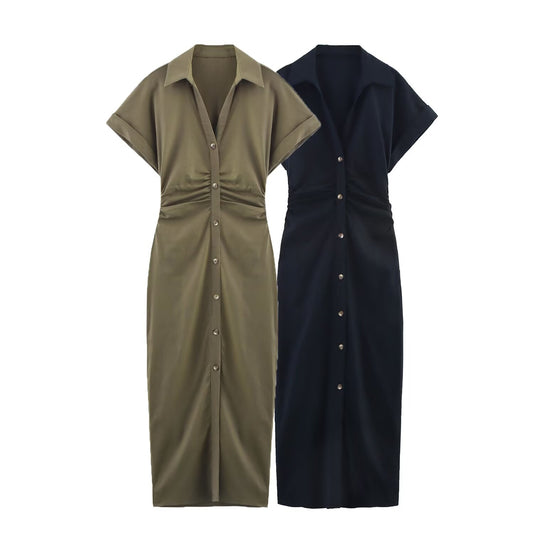 Women's new chic fashion pleated decoration slim single breasted linen blended MIDI dress retro short sleeved women's dress
