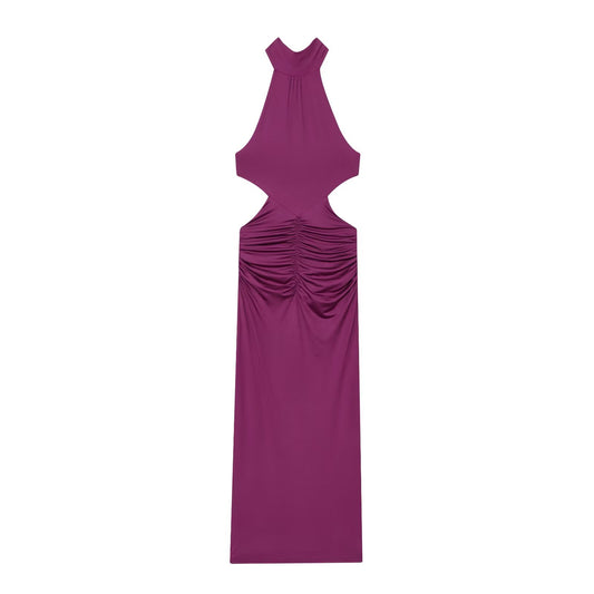 Women's new fashion sexy pleated hanging collar MIDI dress
