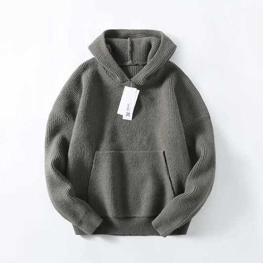 Men's New Fashion Casual Loose Version Thickened Hooded Knitted Sweater Retro Long Sleeve Sweater Knitted Coat.