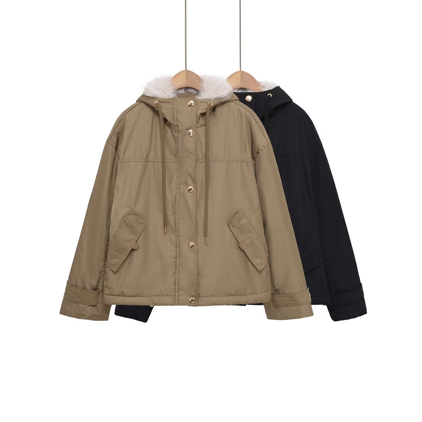 Women's faux fur effect hooded short parka coat