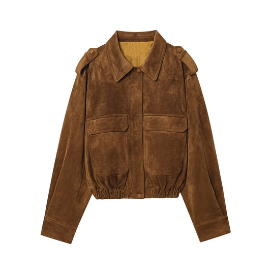 Women's 2025 new fashion casual Lapel suede Leather jacket Coat