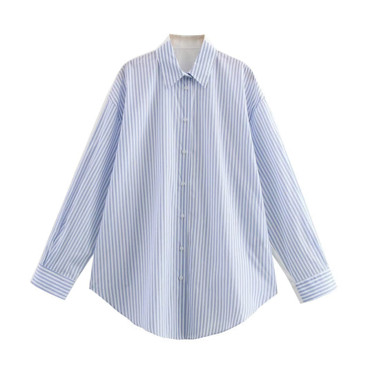 KP0232 Women's clothing new fashion loose single breasted striped shirt casual versatile poplin shirt retro