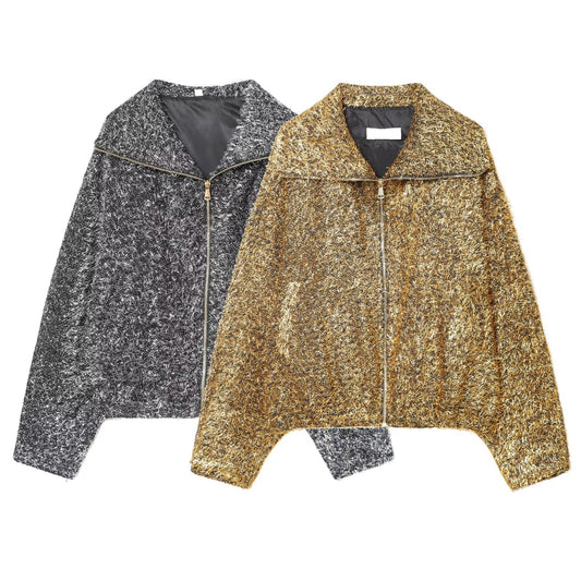 Women's lapel metallic line pilot jacket Coat