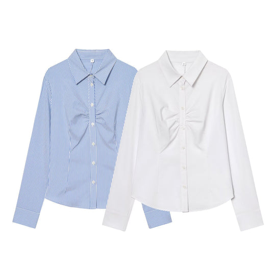 Women's pleated decoration slim lapel shirt