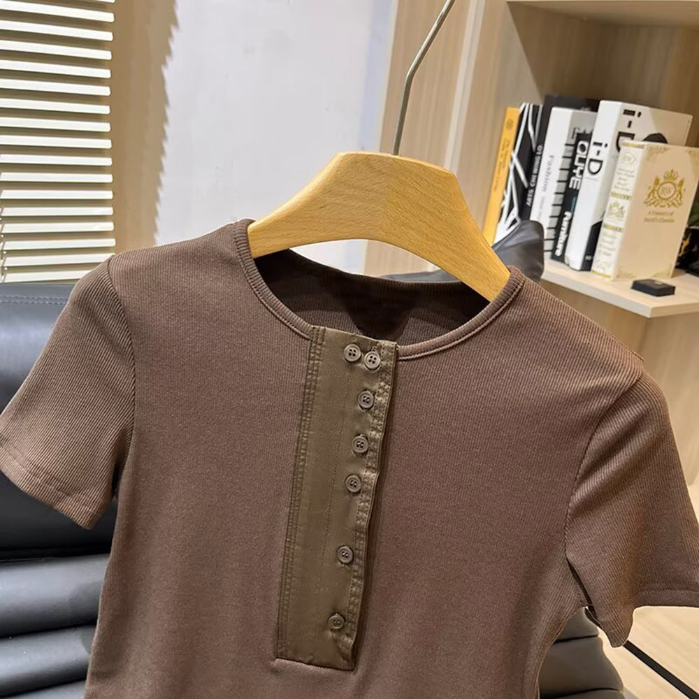 Women's new fashion buckle decoration short sleeved T-shirt top