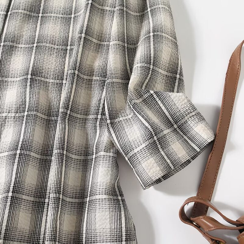 Women's new fashion casual long style V-neck plaid shirt