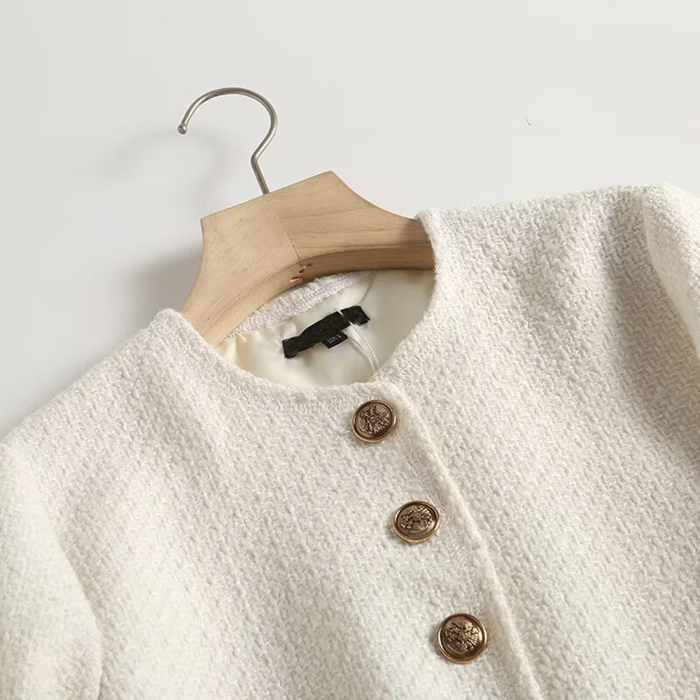 Women's gold button decoration O Neck textured Coat