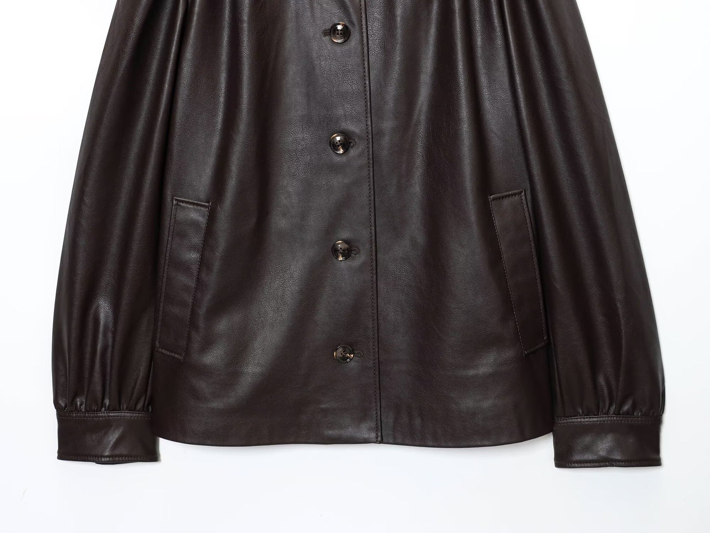 Women's pleated design stand collar faux leather jacket Coat