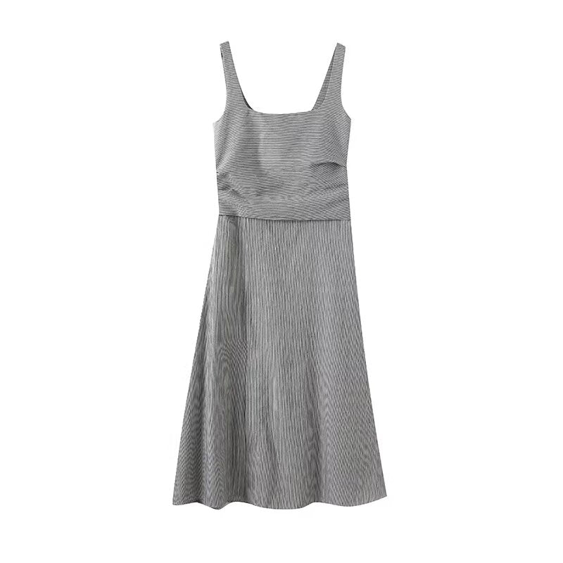 Women's New Fashion Sleeveless pinstripe Square Neck Midi Dress