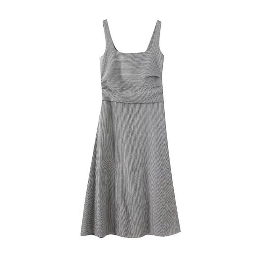 Women's New Fashion Sleeveless pinstripe Square Neck Midi Dress