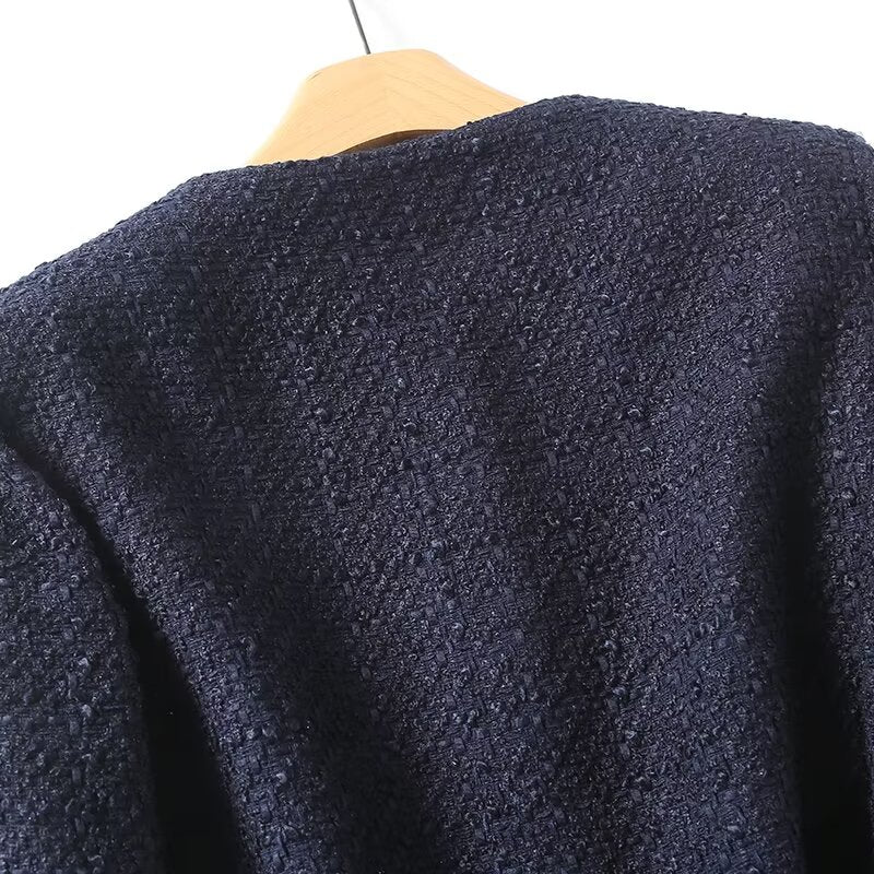 Women's gold button decoration short O Neck textured Coat