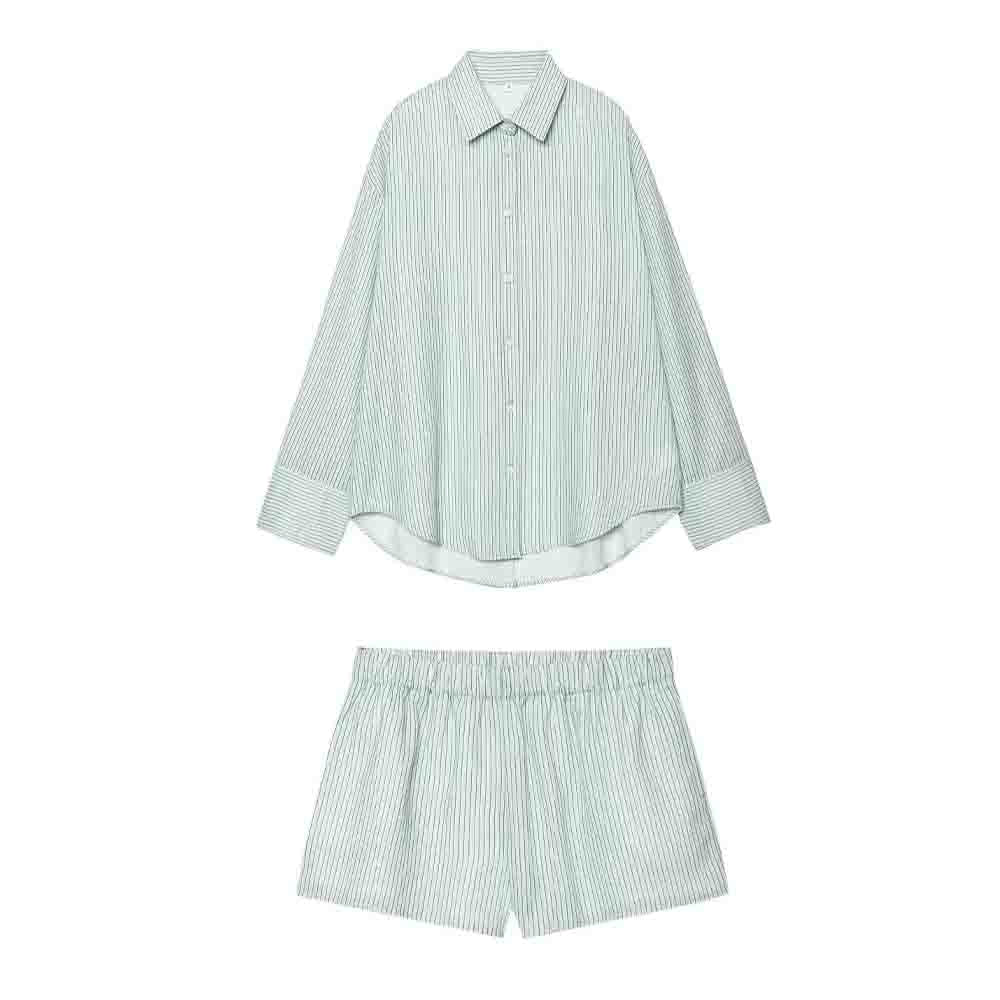 Women's new fashion loose long sleeved striped shirt+Shorts suit