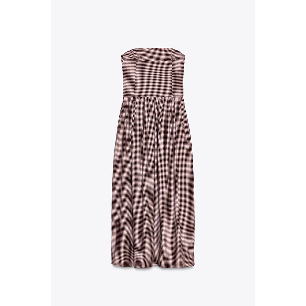 Women's Summer Fashion plaid strapless Midi Dress