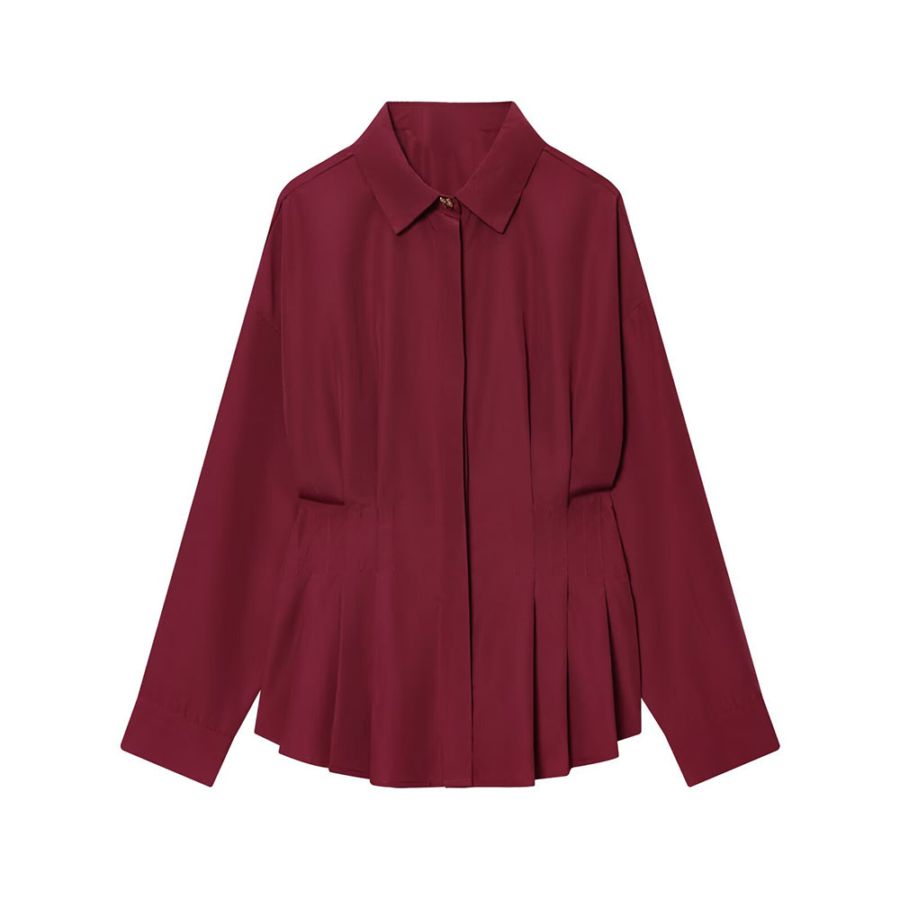 Women's new fashion long sleeved pleated poplin shirt