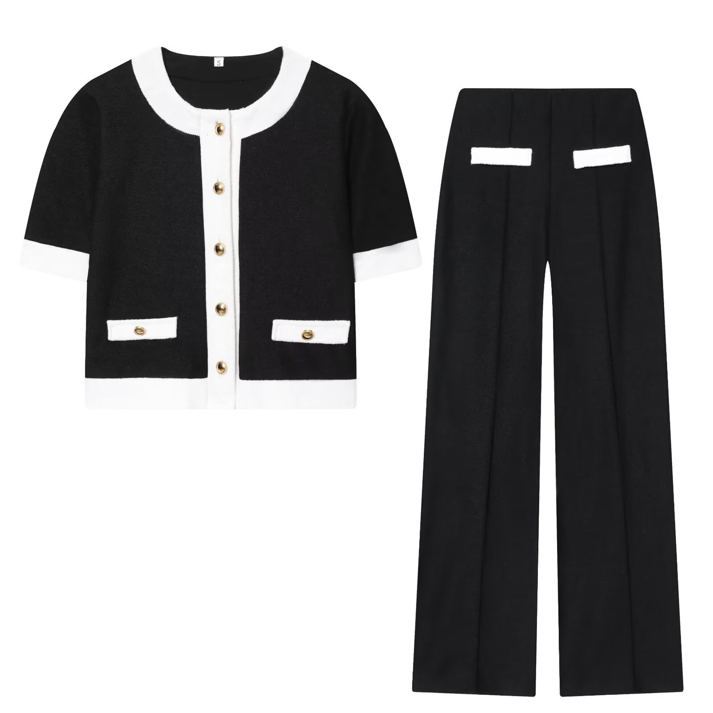 Women's 2 pieces short sleeved contrasting woolen Coat+Pants