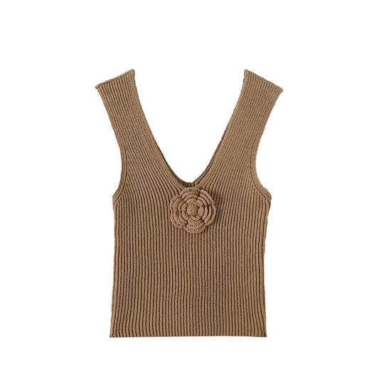 Women's 2025 new fashion flower decoration V-neck knitted vest