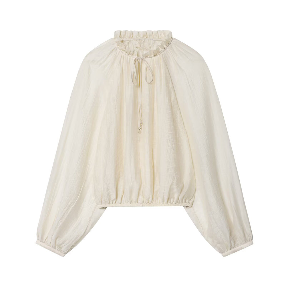 Women's new fashion bubble sleeve short draped pleated shirt