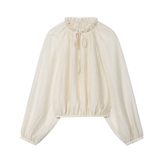 Women's new fashion bubble sleeve short draped pleated shirt