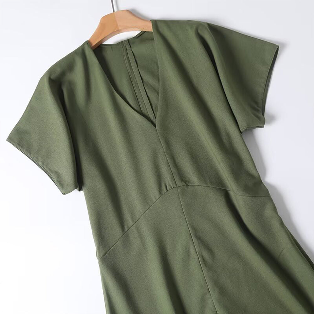 Women's new fashion short sleeved linen blended V-neck MIDI dress