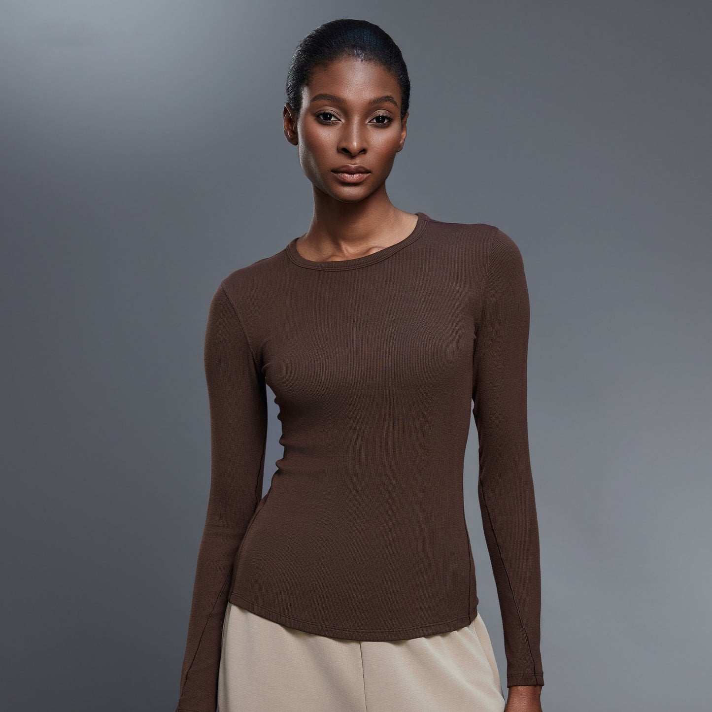 Women's new soft elastic slim sports long sleeve T-shirt