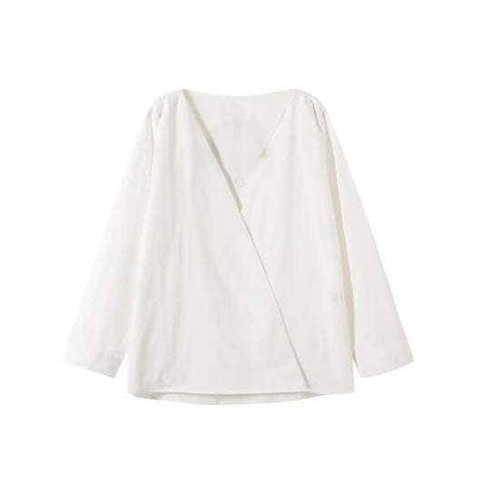 Women's new fashion loose white long sleeved V-neck shirt