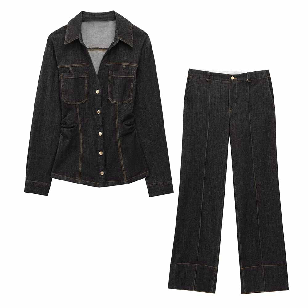 Women's 2025 new fashion pocket decoration slim pleated denim shirt retro long sleeved button up women's shirt chic top