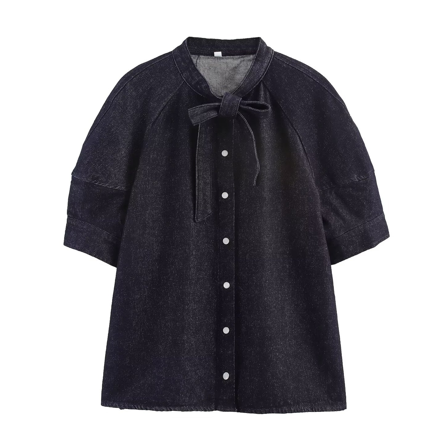 Women's new fashion bow decoration short sleeved denim shirt+Skirts suit
