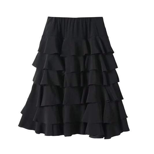 Women's new fashion black ruffled draped MIDI skirt