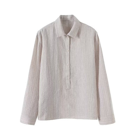 Women's new fashion long sleeved lapel textured striped shirt