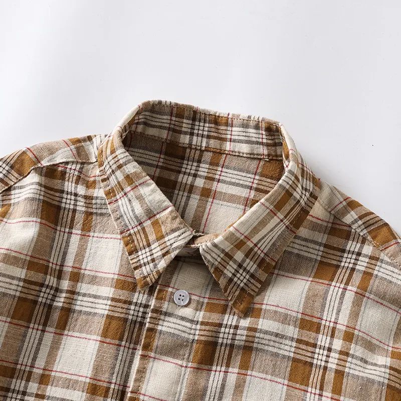 Men's New Fashion Joker Casual Loose Version Patch Pocket Decorative Plaid Short Short Sleeve Shirt