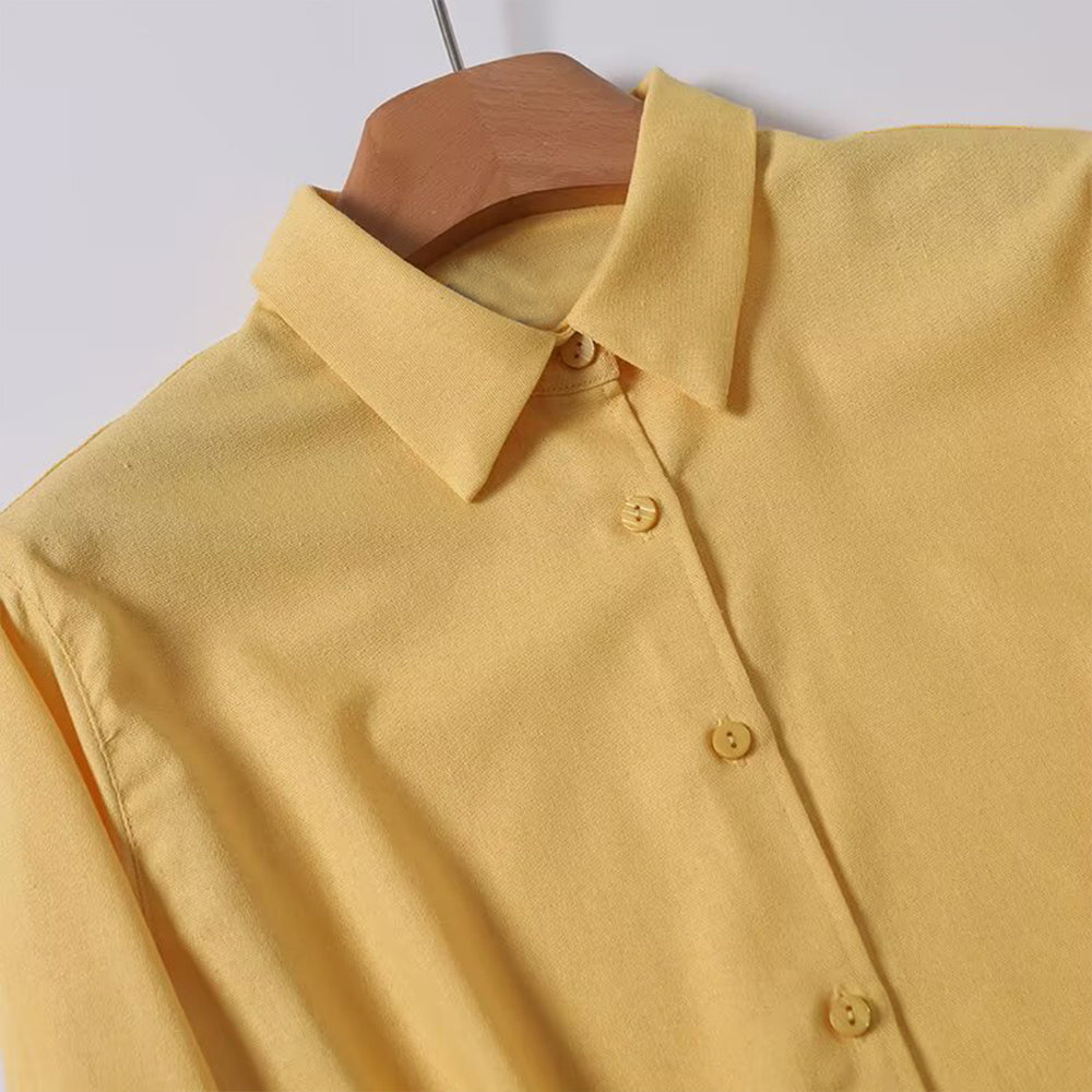 Women's new fashion long sleeved lapel cotton linen blend shirt