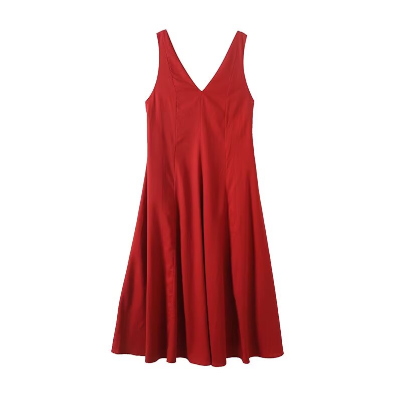 Women's New Fashion Linen Blended V-neck Wide Swing Midi Dress