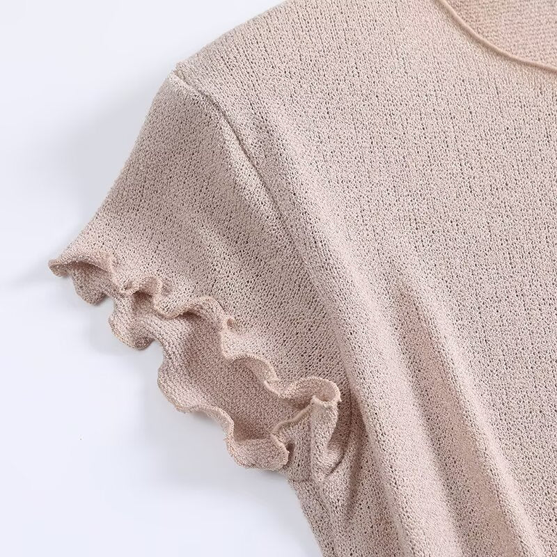 Women's New Fashion Ear Edge Short Sleeve O-Neck Knitted T-shirt