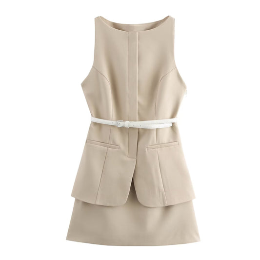 Women's new chic fashion With Belt slim fit splicing two-piece set style sleeveless mini dress retro round neck women's dress Mujer