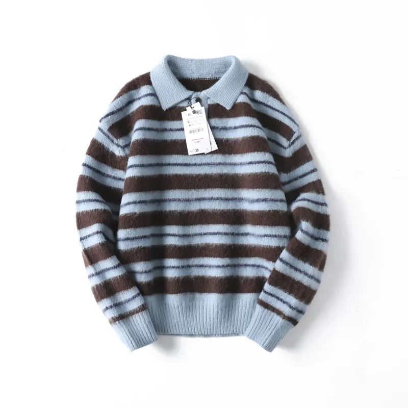 Men's New Fashion Casual Knitted POLO Shirt Striped Lazy Sweater Knitted Sweater Retro Long Sleeve Sweater