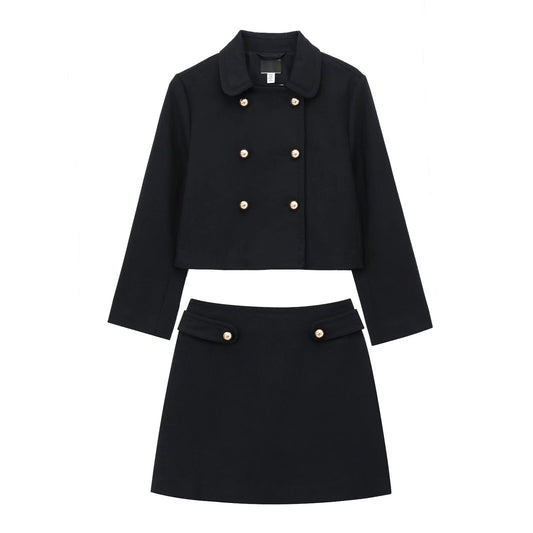 Set Women's 2 Pieces of New Fashion Temperament Double-breasted Short Coat Retro Long-sleeved Women's Coat+high Waist A-shaped Mini Skirt 