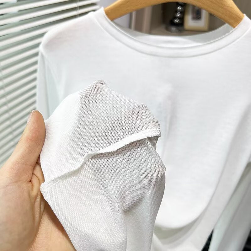 Women's New Fashion Long Sleeve Cotton Micro Transparent T-shirt Top
