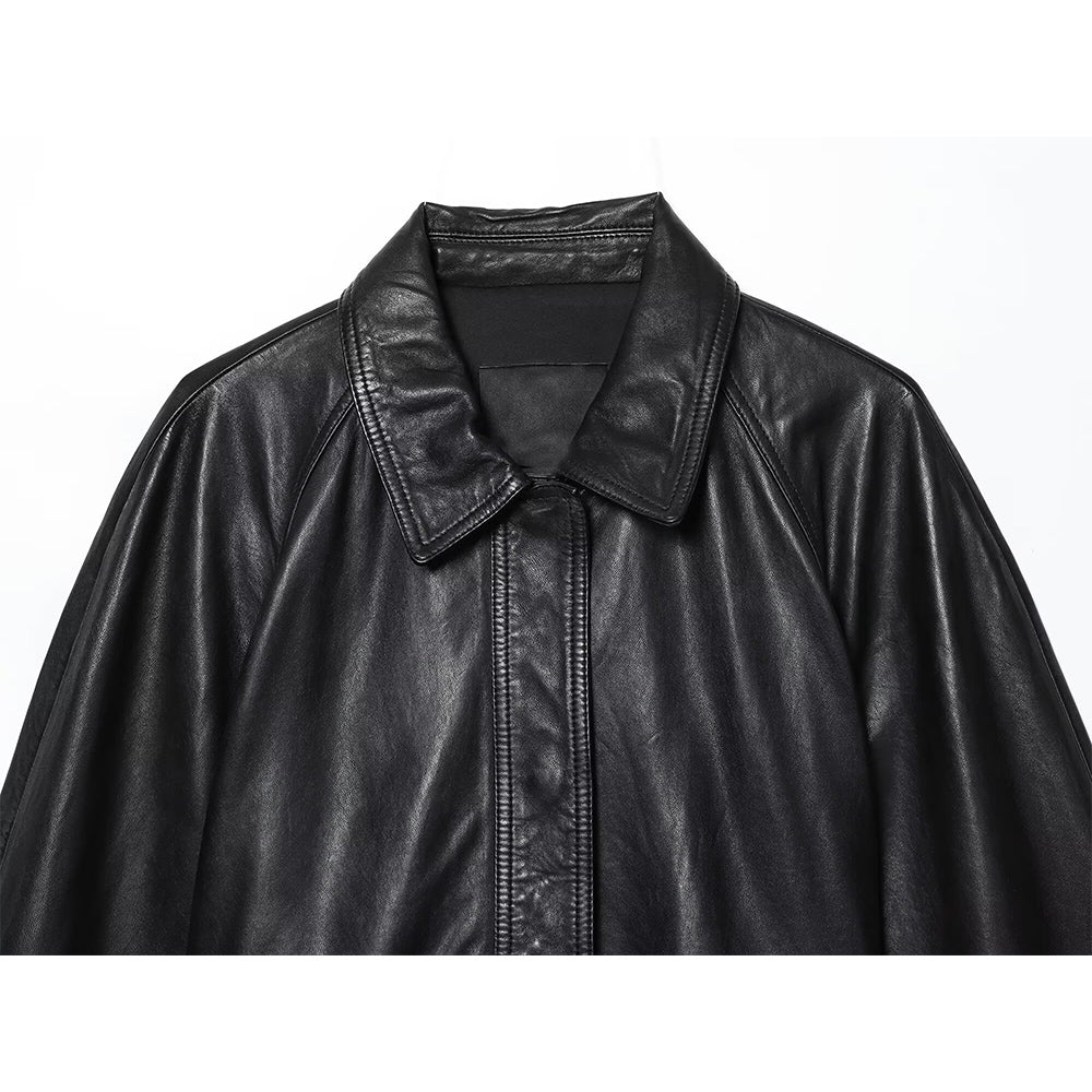 Women's with Belt Black Faux Leather Lapel Coat