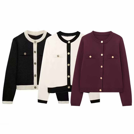 Women's new fashion gold button decoration slim short patchwork knitted coat retro O Neck long sleeved women's coat chic top 