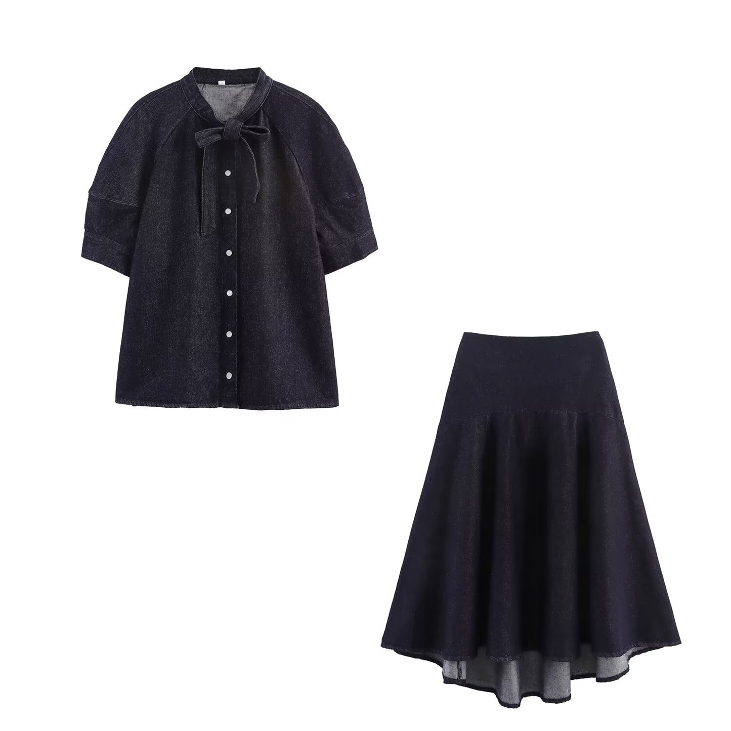 Women's new fashion bow decoration short sleeved denim shirt+Skirts suit