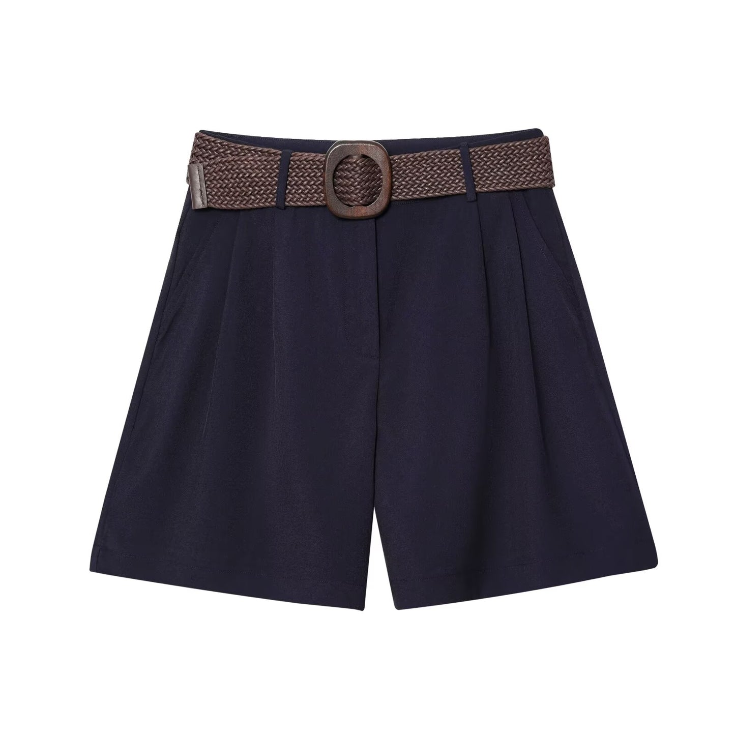 Women's new fashion with Belt casual side pocket high waist pleated shorts