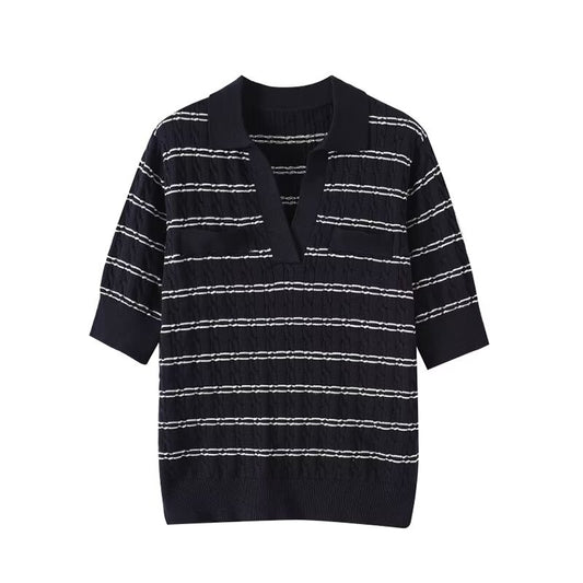 Women's New Fashion Casual Striped Mid Sleeve Knitted Top
