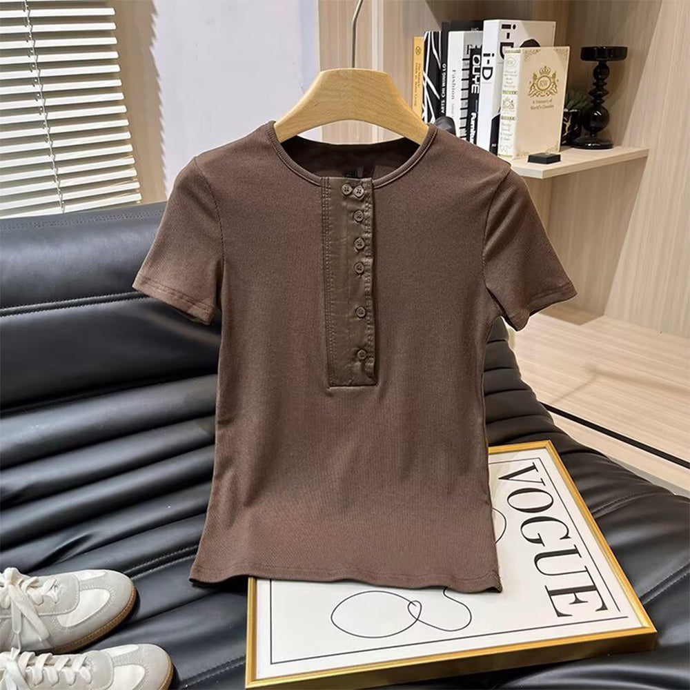Women's new fashion buckle decoration short sleeved T-shirt top