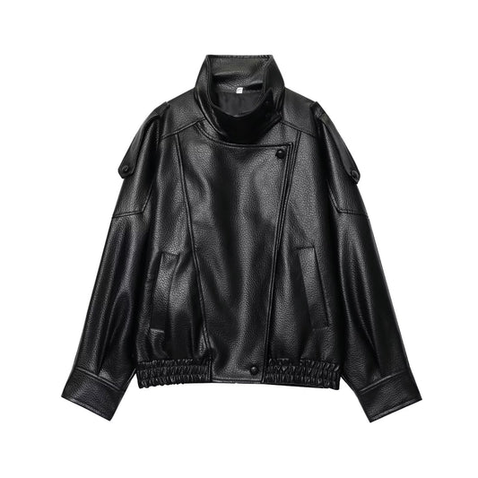 Women's new loose stand collar Faux Leather jacket Coat