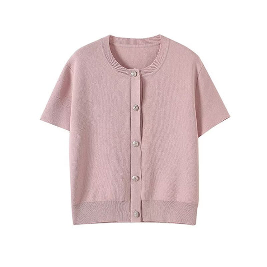Women's new fashion short sleeved single breasted O-Neck knitted cardigan