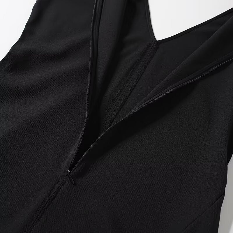 Women's 2025 new fashion black slim V-neck MIDI dress